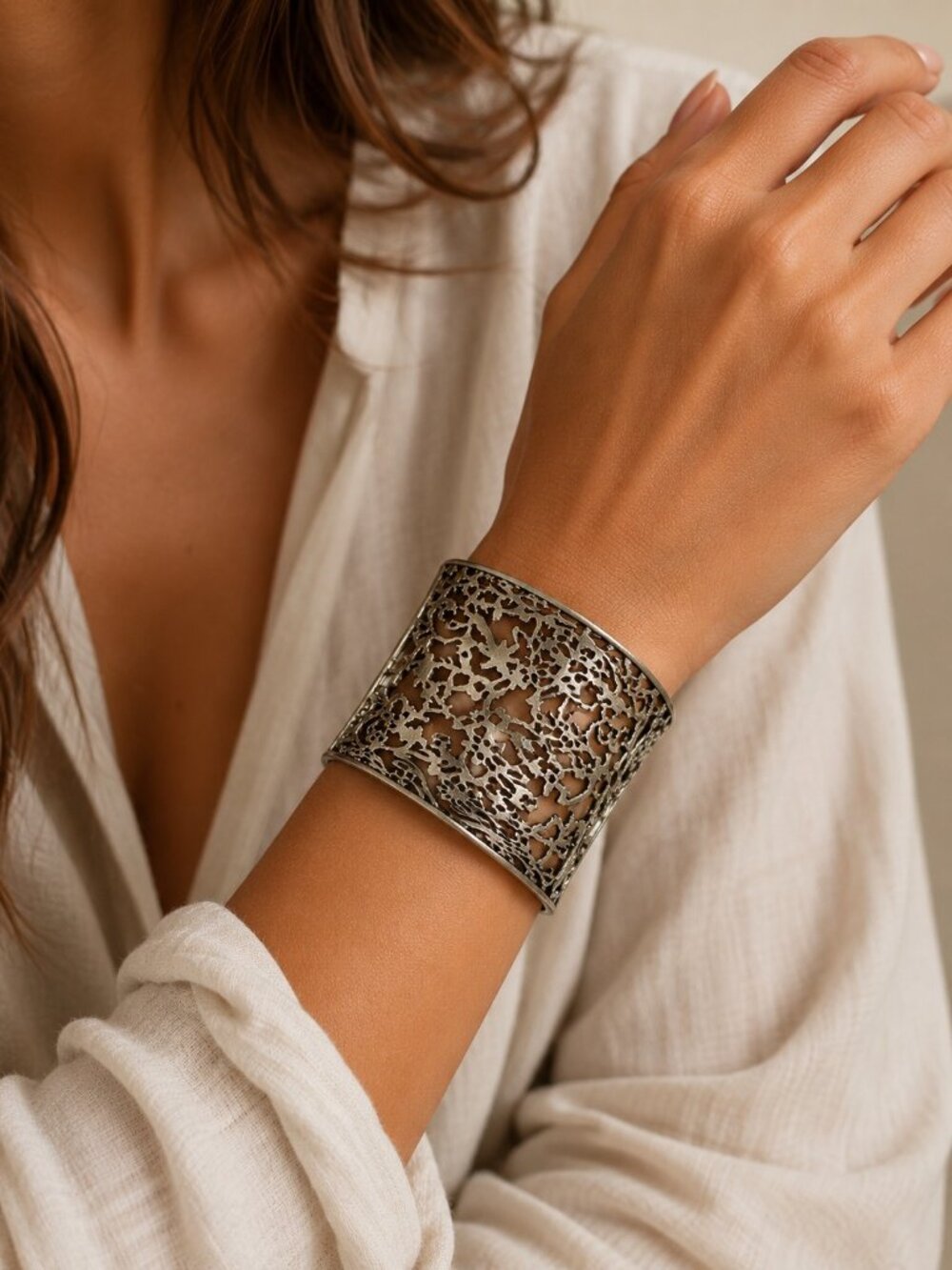 Silver-Tone Wide Filigree Cuff Bracelet With Intricate Floral Design
